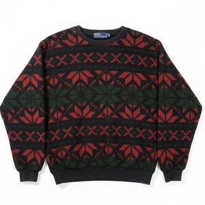 Ralph Lauren Fleece Crewneck Sweater with Red & Green Fair Isle Pattern